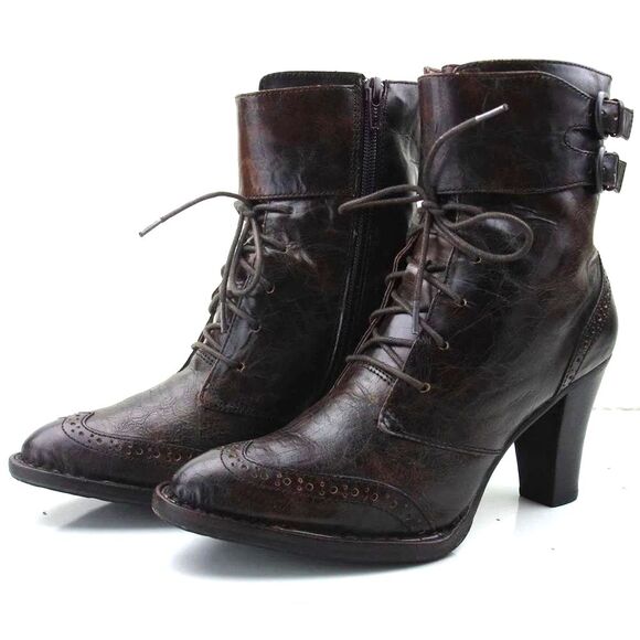 Women's 8.5 M Born Crown Crawford Brush Brown Granny Boots Lace-Up Victorian Zip - Picture 1 of 13